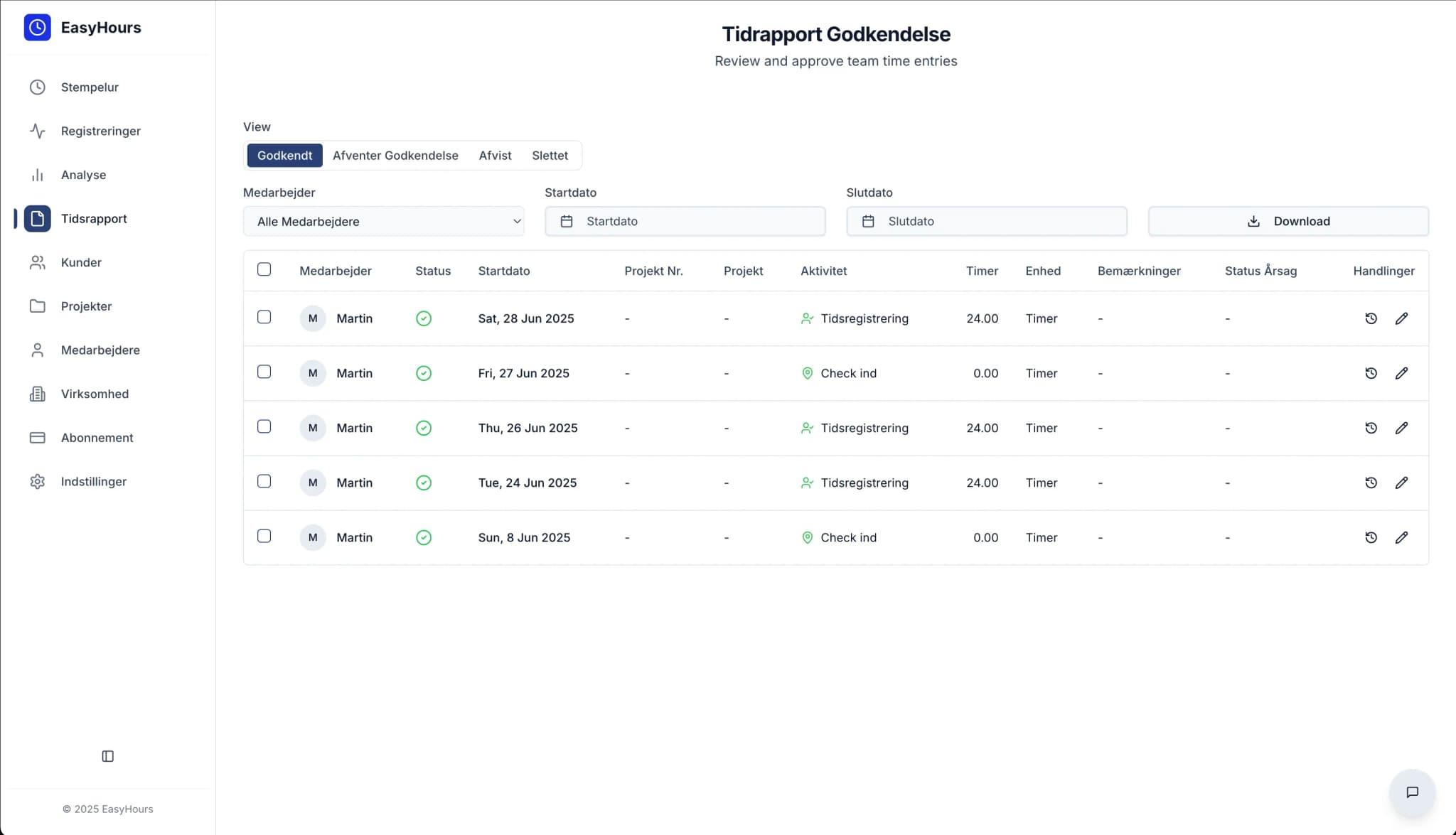 EasyHours desktop dashboard