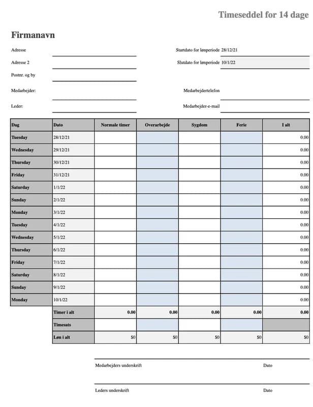 Forhåndsvisning af Excel-skabelonen To-ugers timeseddel med sygdom og ferie