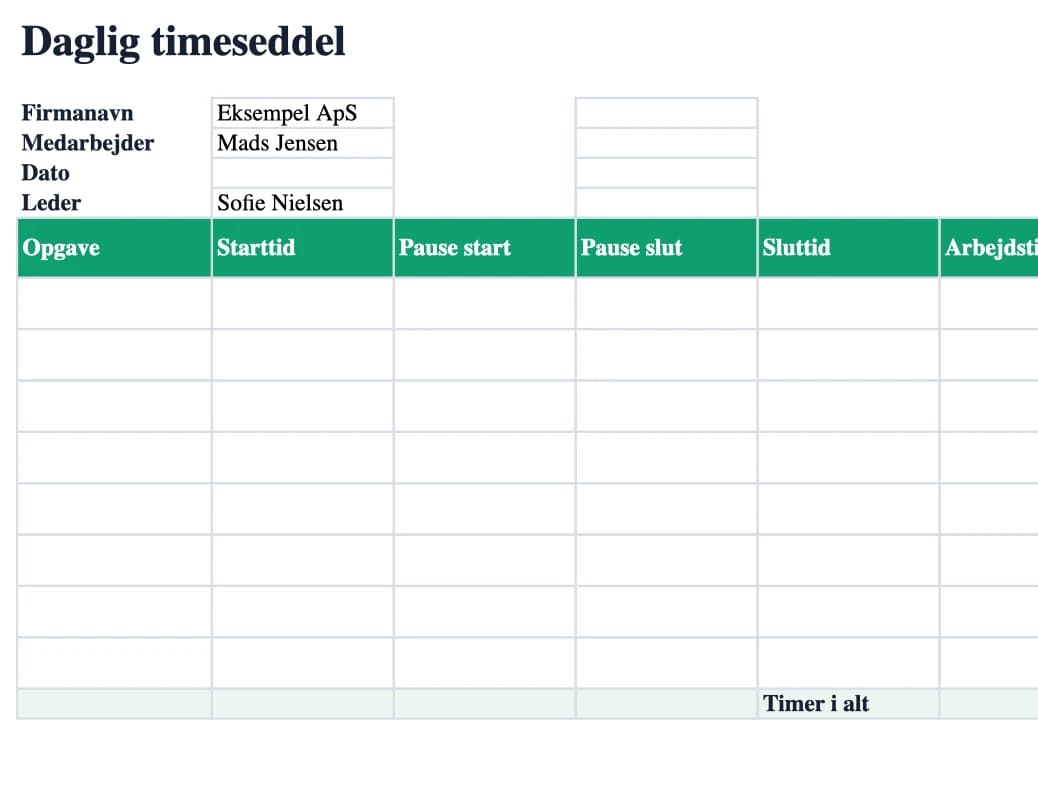 Daglig timeseddel Excel-forhåndsvisning