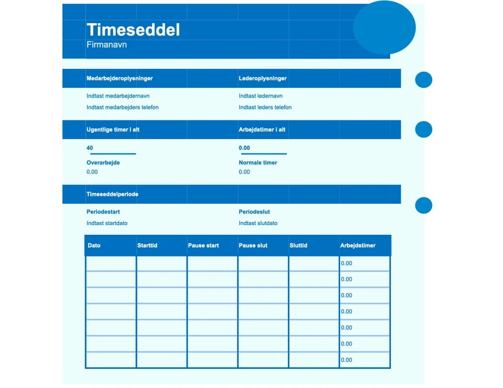 Forhåndsvisning af Excel-skabelonen Grundlæggende timeseddel