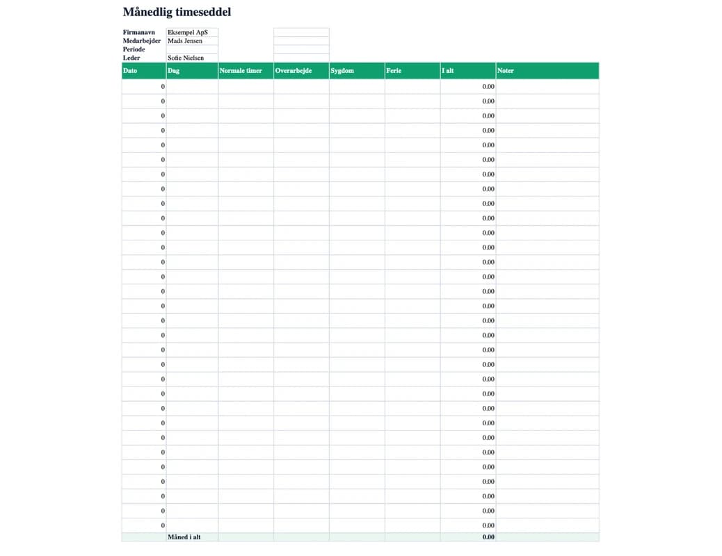 Månedlig timeseddel Excel-forhåndsvisning