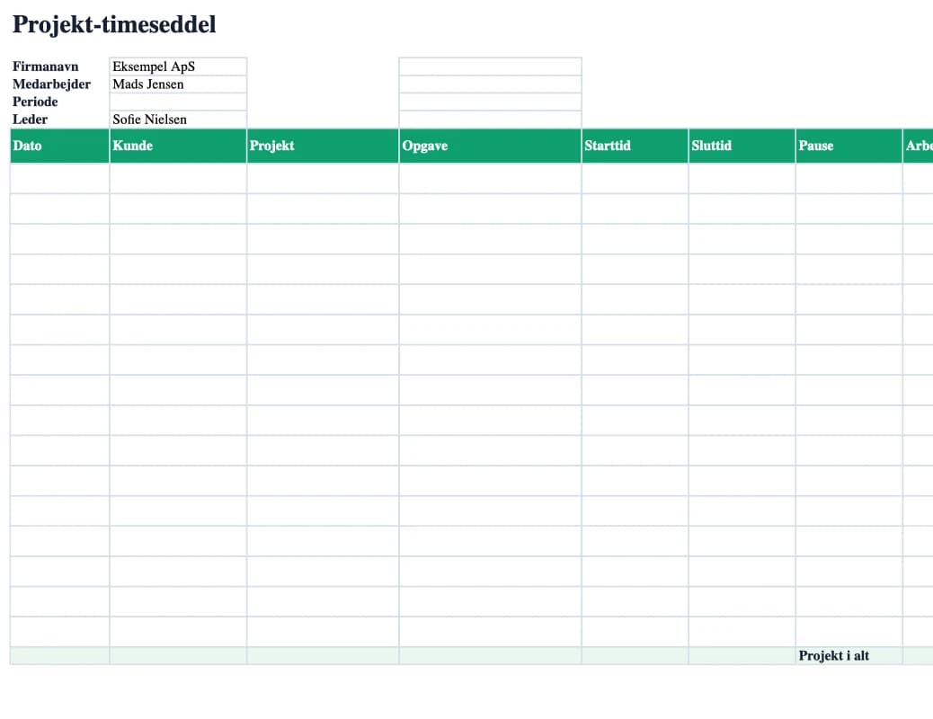 Projekt-timeseddel Excel-forhåndsvisning
