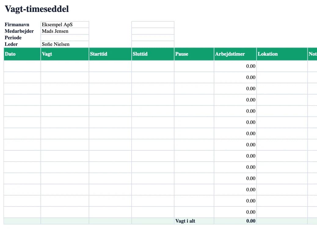Vagt-timeseddel Excel-forhåndsvisning