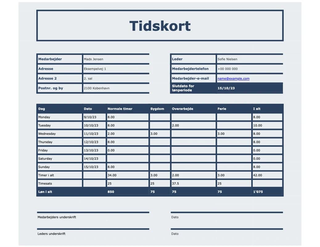 Forhåndsvisning af Excel-skabelonen Tidskort