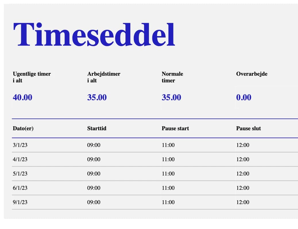 Forhåndsvisning af Excel-skabelonen Ugentlig timeseddel