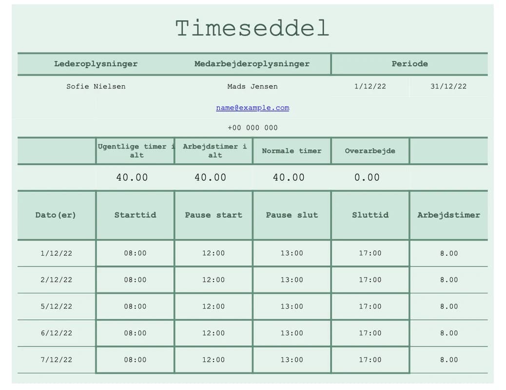 Forhåndsvisning af Excel-skabelonen Timeseddel arbejdsark